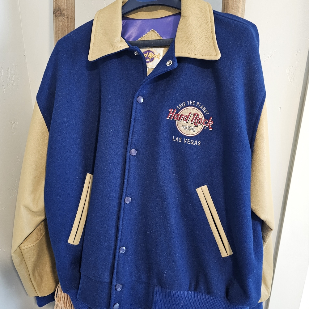 Hard Rock Cafe Blue and Tan Varsity Jacket